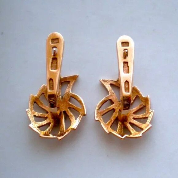 Russian USSR 14K 585 Two Tone Rose Pink White Gold Spider Web Filigree EARRINGS - Picture 6 of 6